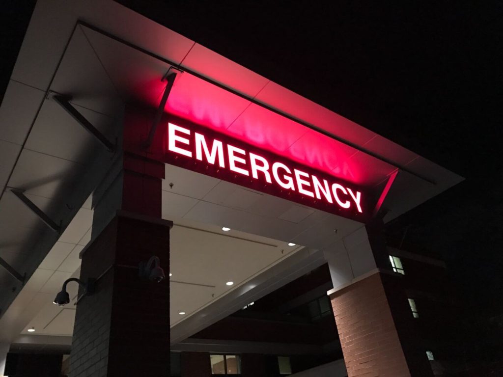 Hospital emergency room front entrance.