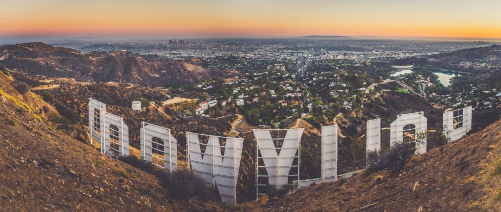 Hollywood sign over the city.